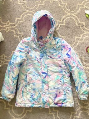 The Children’s Place Girls Pastel Marble Hooded Puffer Jacket - size 7/8